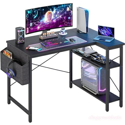 【送料無料】L字型ゲーミングデスク100x70cmパソコンデスク収納バッグ付きオフィスデスク小型ライティングテーブル大型リバーシブル収納棚付きワークステーション勉強遊び仕事ホー…