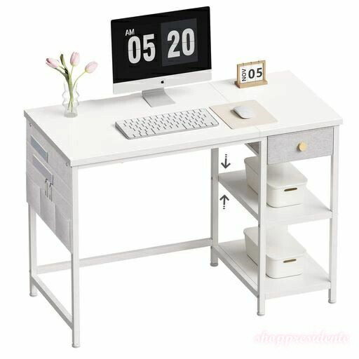 【送料無料】デスク机pcデスクパソコンデスク勉強机幅100cm布製引き出し付きつくえオフィス作業机左右入替可在宅勤務白い