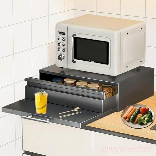 【送料無料】家電下収納 大容量 耐荷重50kg 安定スライド 完成品 キッチン引き出し（幅47×奥行36~62×高さ13.5cm）炊飯器 トースター対応 スパイス収納 調味料ラック 取っ手付き 簡易設置 家電下整理 (2段トレー+引出 マットブラック)