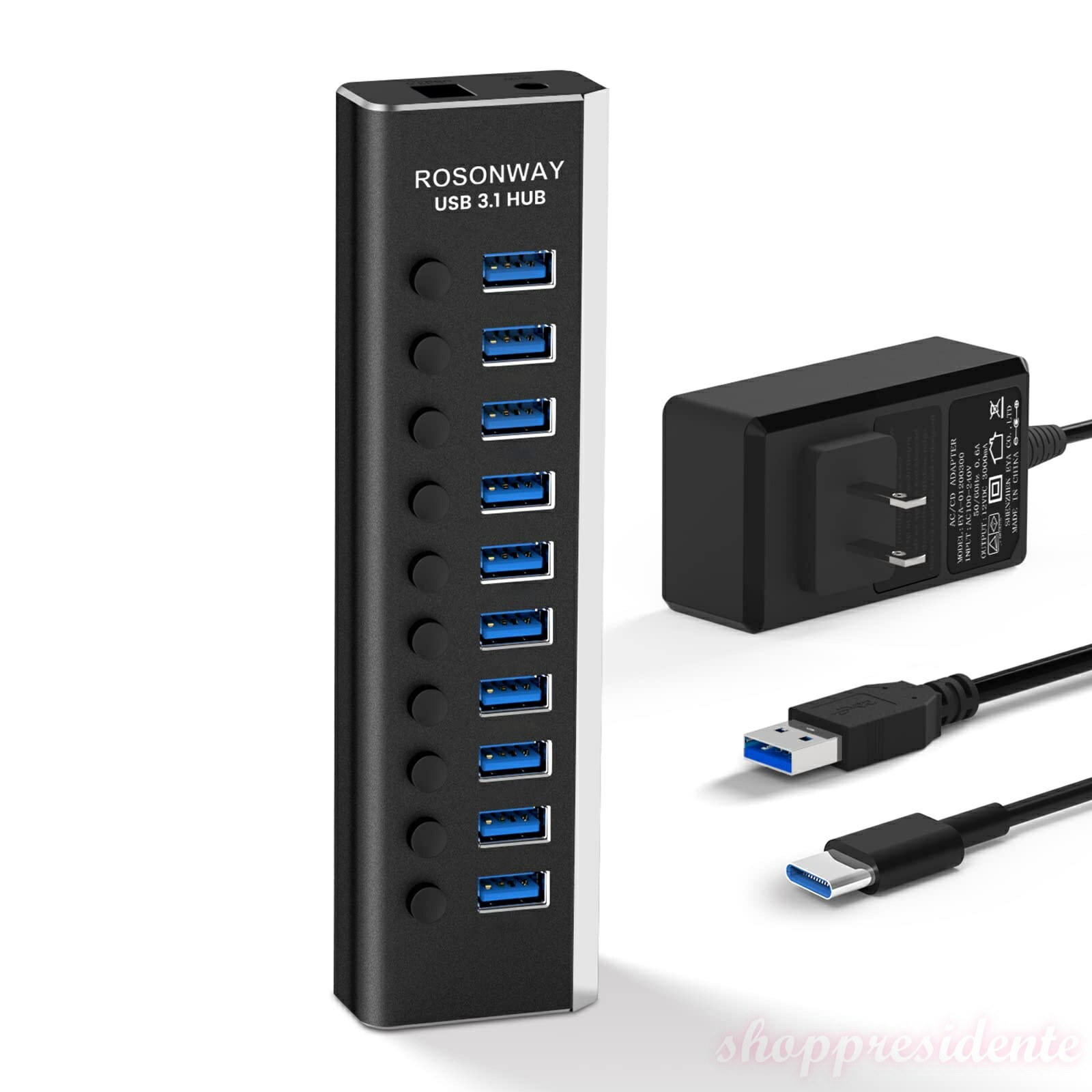 【まとめ買いで最大500円OFFクーポン!】【送料無料】USB ハブ 3.1 Gen2 10Gbps 10ポートアルミ製 36W USB HUB セルフパワー USBケーブルとType Cケーブル 付き 12V/3A ACアダプタ 独立スイッチ 付き(RSH-A10S)