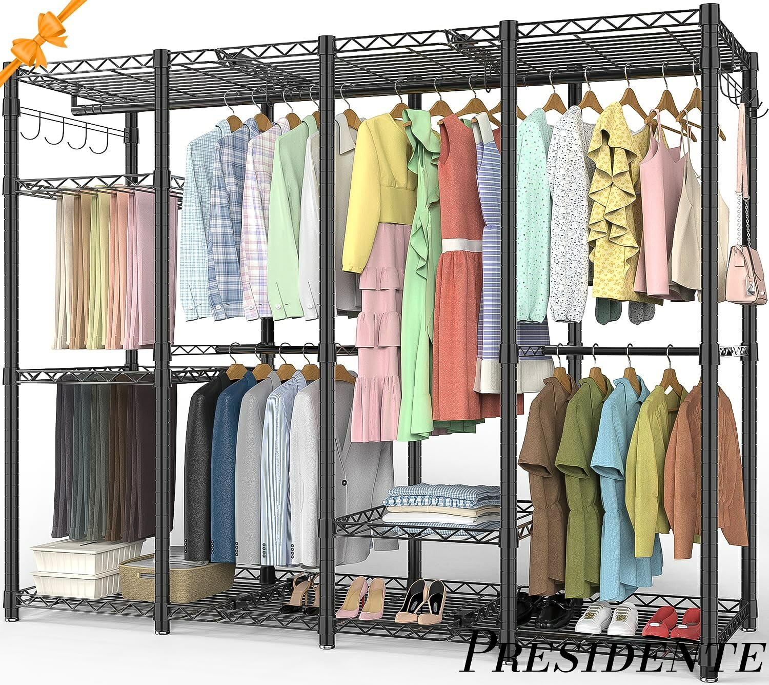 【まとめ買いで最大500円OFFクーポン!】【送料無料】ハンガーラック 頑丈 4層 大容量 ワードローブ 4つの組み立て方法 棚板高さ調節可能 衣類収納ラック 組み立てが簡単 ズボンラック付き ハンガーラック幅193.5 奥行き43.5 高さ195(黒)