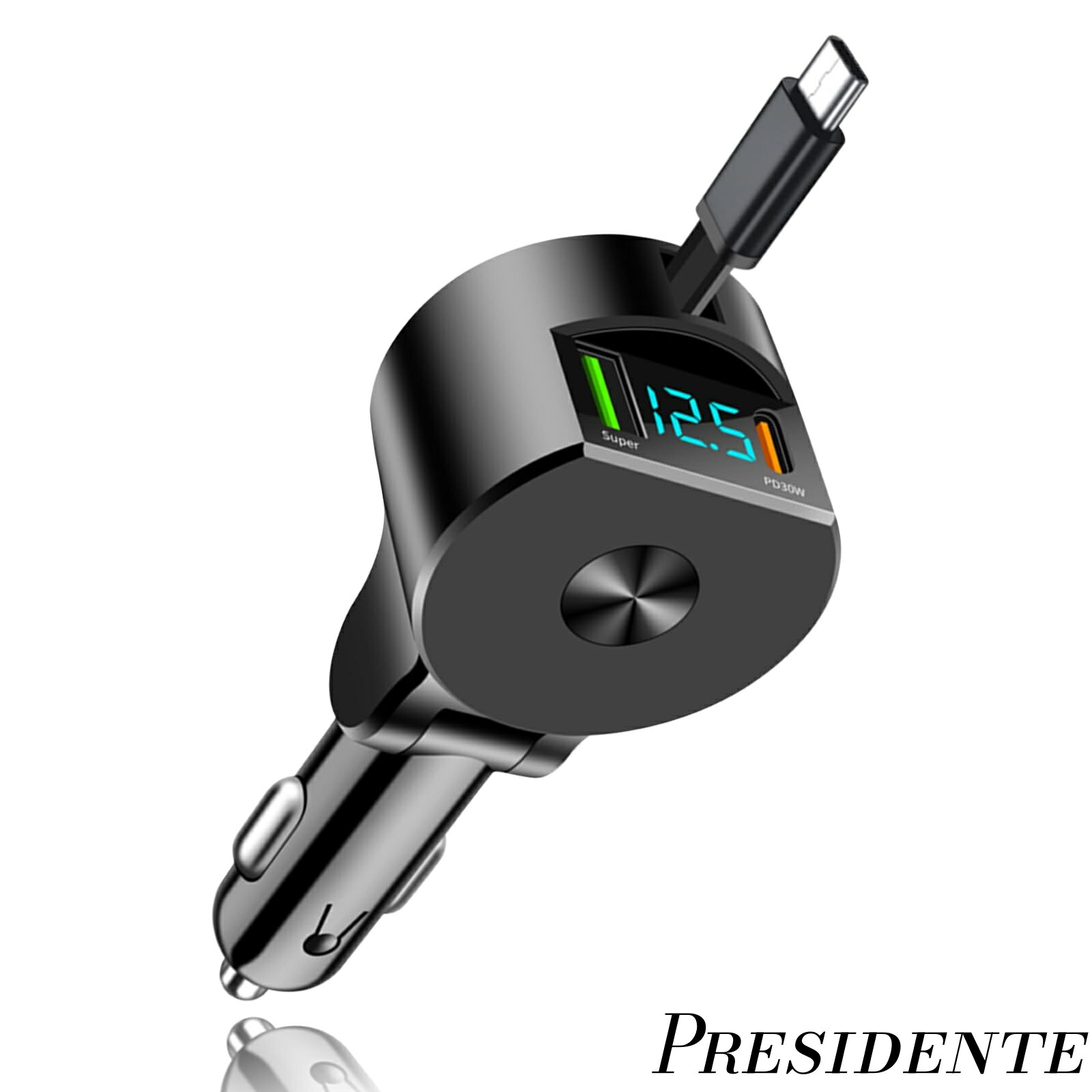 【まとめ買いで最大500円OFFクーポン!】【送料無料】対応 シガーソケット usb 車の電圧測定 巻き取り式充電ケーブル しがーソケット 電圧計 LEDデジタルディスプレー搭載 車 充電器 シガーソケット 【PD30W+QC3.0】 軽量 超急速充電 12~24V車対応 車載充電器(ブラック)