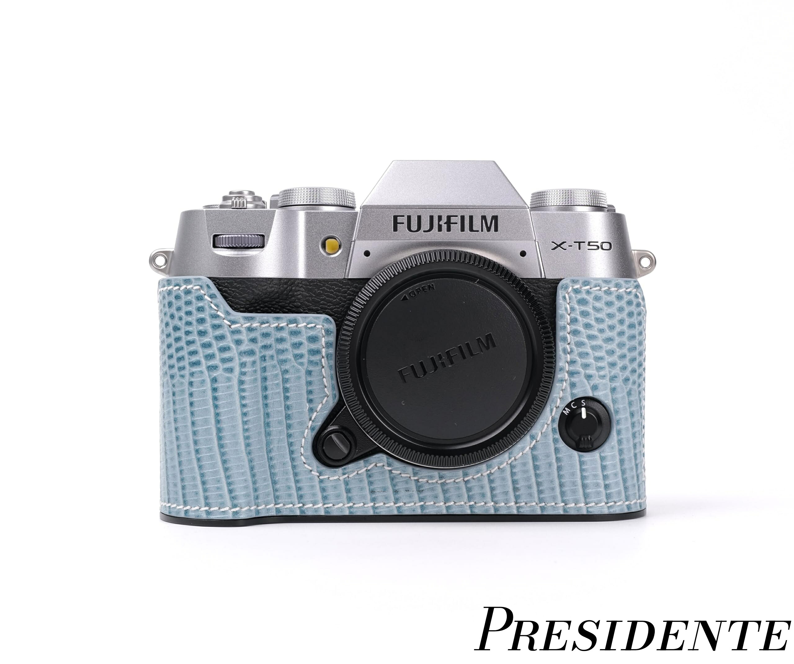 【まとめ買いで最大500円OFFクーポン!】【送料無料】対応 Fuji 富士 X-T50 専用 カメラケース カメラカバー カメラバッグ 本革 頭層牛革本体+メタルベースプレート3-in-1デザイン (Blue1)