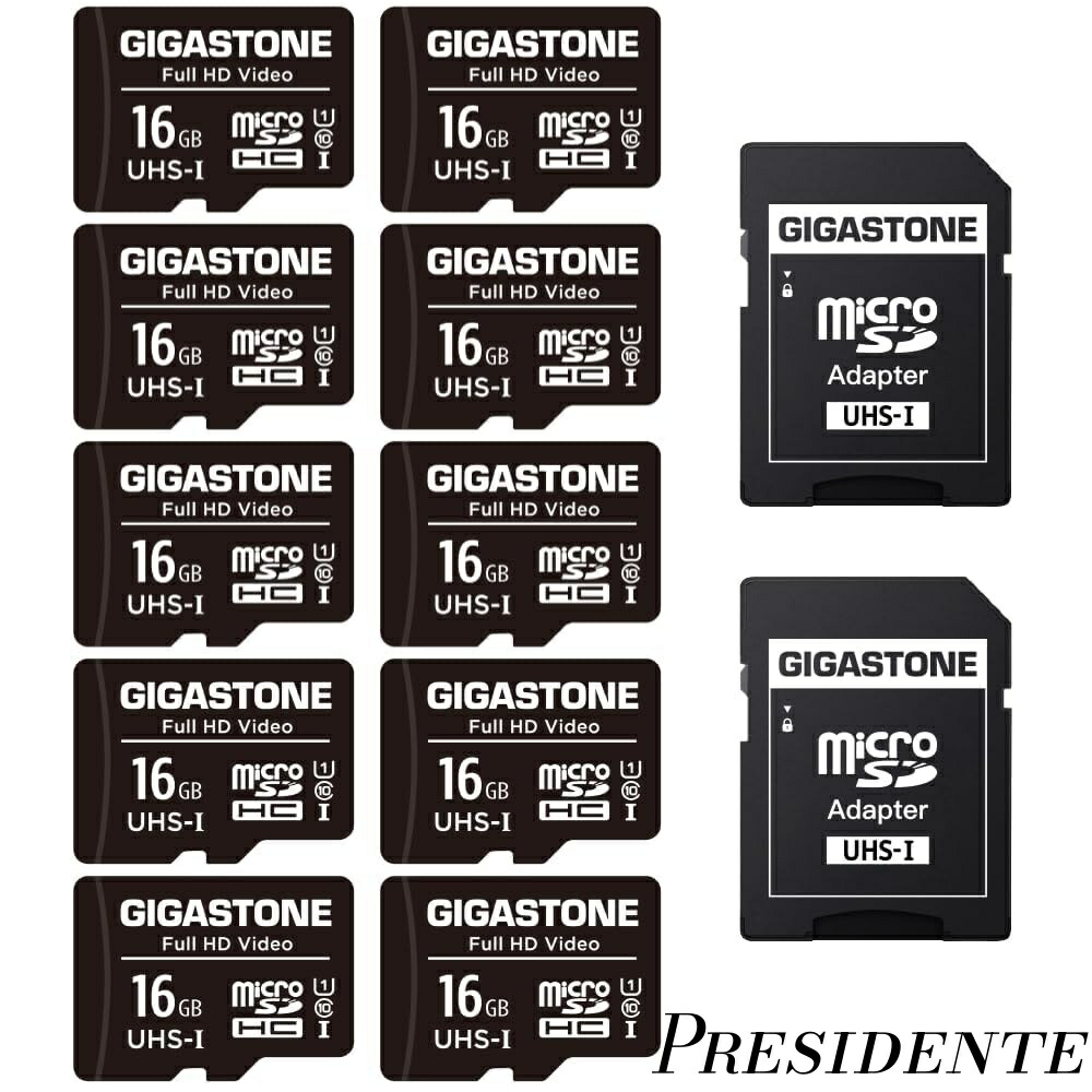 【まとめ買いで最大500円OFFクーポン!】【送料無料】マイクロsdカード 16GB 10個セット microSDHC U1 C10 85MB/s UHS-I フルHD 動画 SDアダプター2枚付き｜Shop Presidente 店