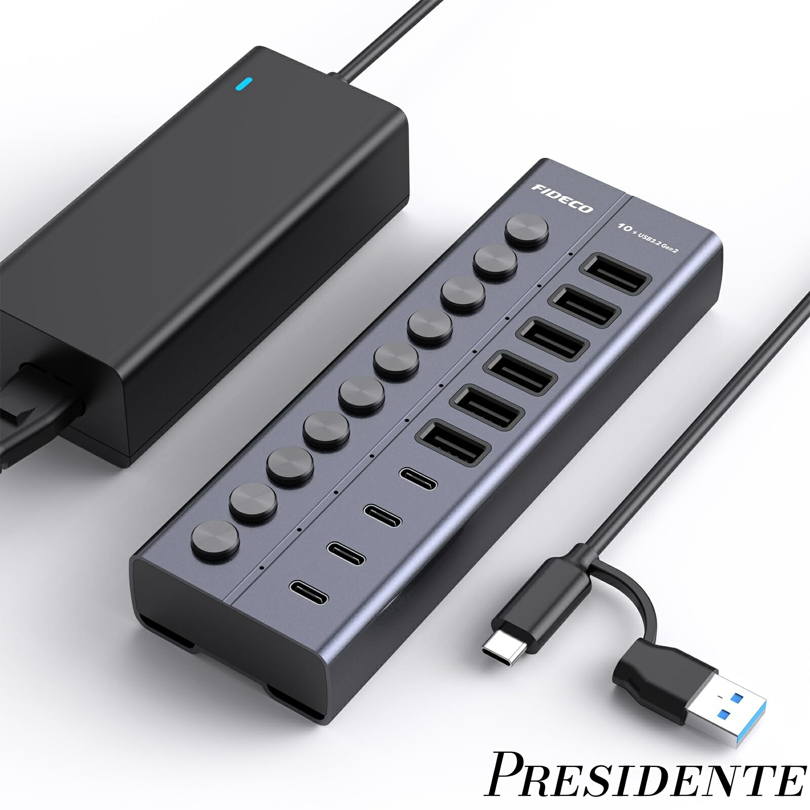 【まとめ買いで最大500円OFFクーポン!】【送料無料】60W USBハブ 電源付き 10ポートの 拡張 セルフパワー 10Gbps USBスプリッター USB Hub 10Gbps高速データ伝送 アルミ製USB 3.2 Gen 2マルチポートアダプター 独立スイッチ付き USB-C×4ポート、A×6ポート BC1.2充電対応