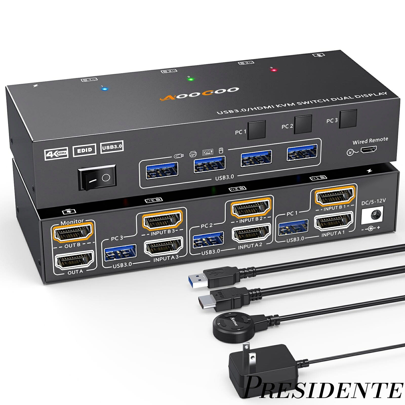 【まとめ買いで最大500円OFFクーポン!】【送料無料】USB3.0 KVM切替器 4K@60Hz 2K@120Hz デュアルモニタ 4つのUSBポート EDID保持 KVM切替器 1組のキーボード、マウスで、PC3台、モニター2台共有 手元スイッチ&USBケーブル付