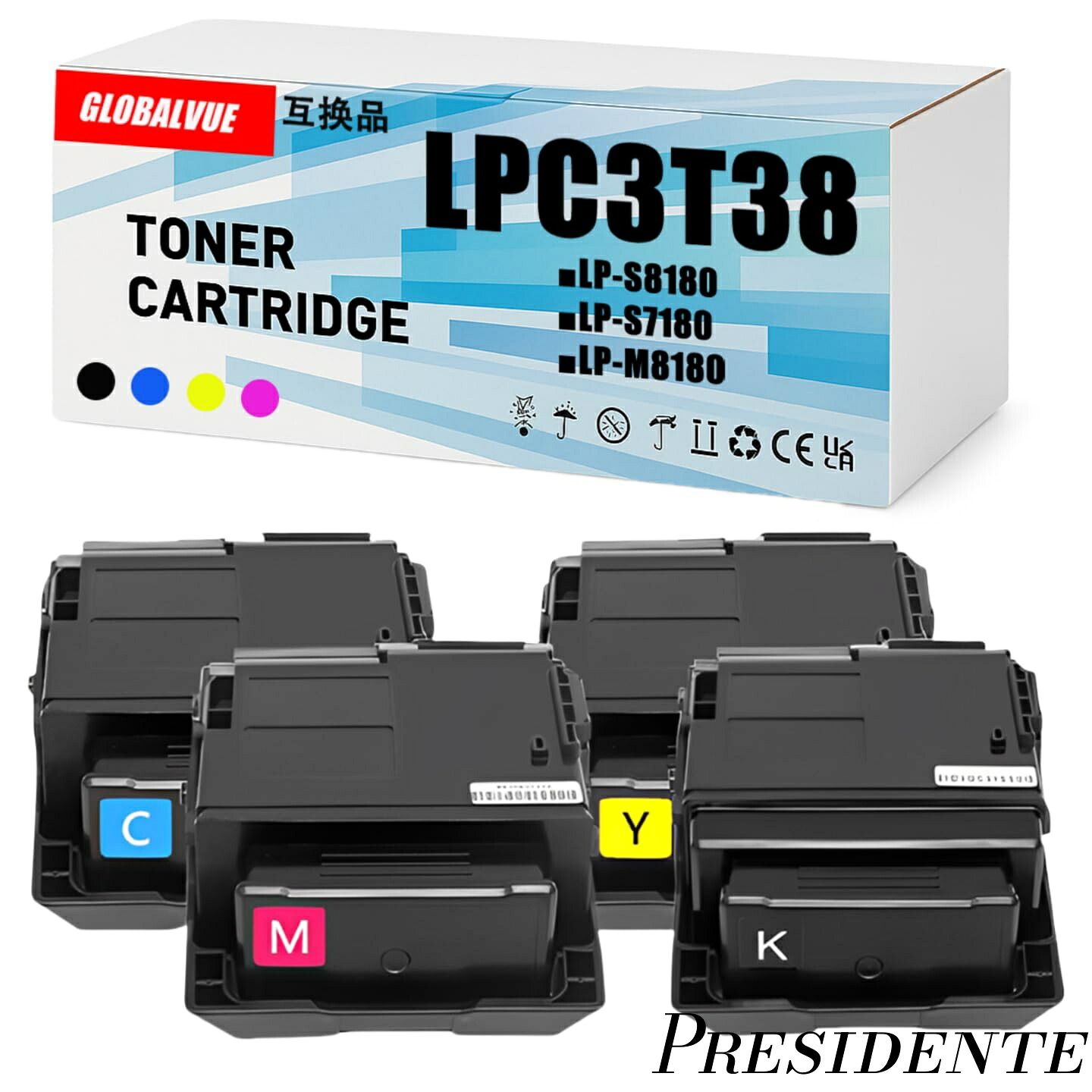 【まとめ買いで最大500円OFFクーポン!】【送料無料】LPC3T38 互換トナーカートリッジ 4色セット（BK/C/M/Y）大容量 ブラック約10000枚 カラー約6600枚 対応機種：LP-S8180 / LP-S7180 / LP-M8180 ICチップ搭載 ISO9001認証工場生産【GLOBALVUE】