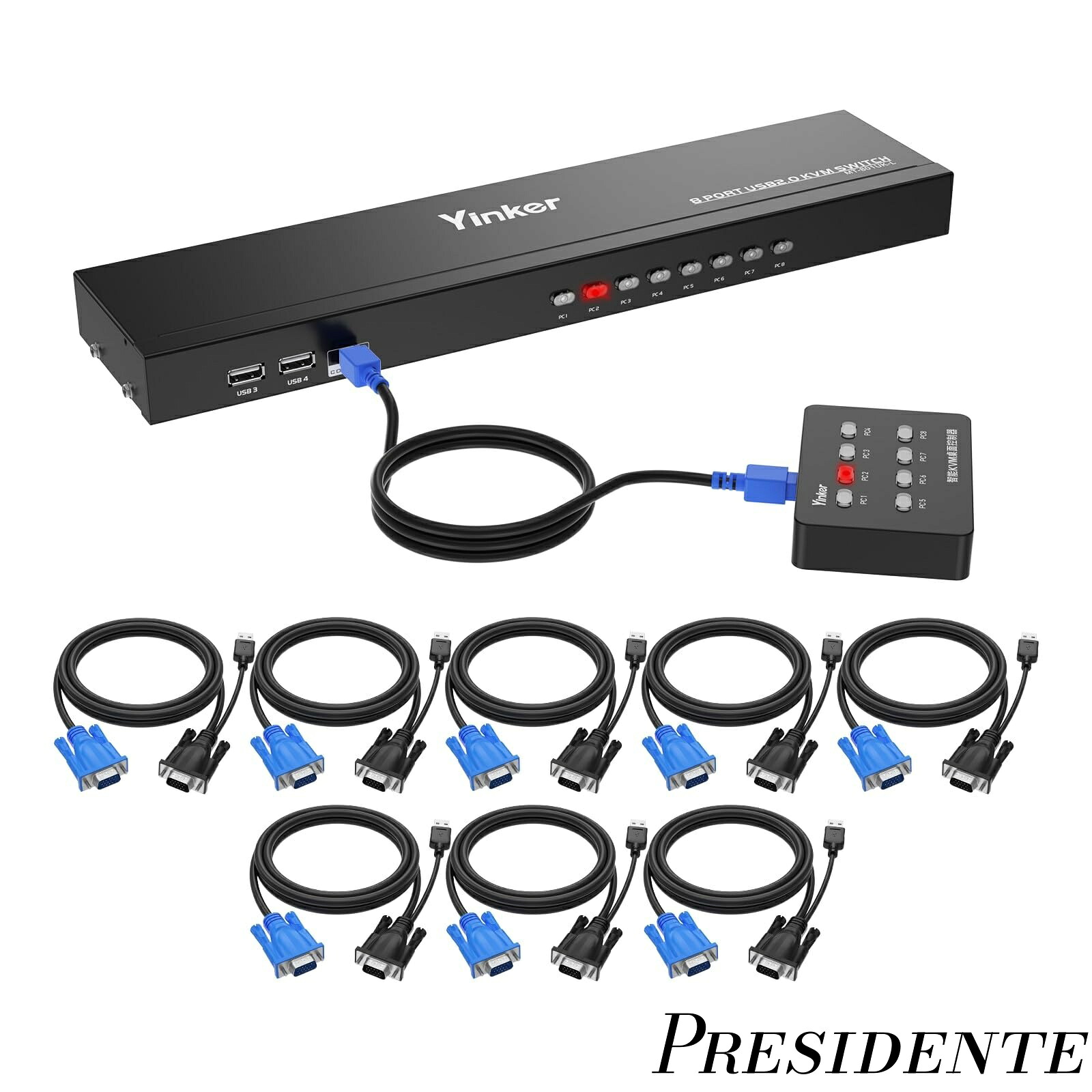 【まとめ買いで最大500円OFFクーポン!】【送料無料】KVM 8ポート、USB VGA 切替器ラックマウントKVM + KVMケーブル8本 + USBハブ4個 + 有線デスクトップセレクター + ラックマウントイヤー