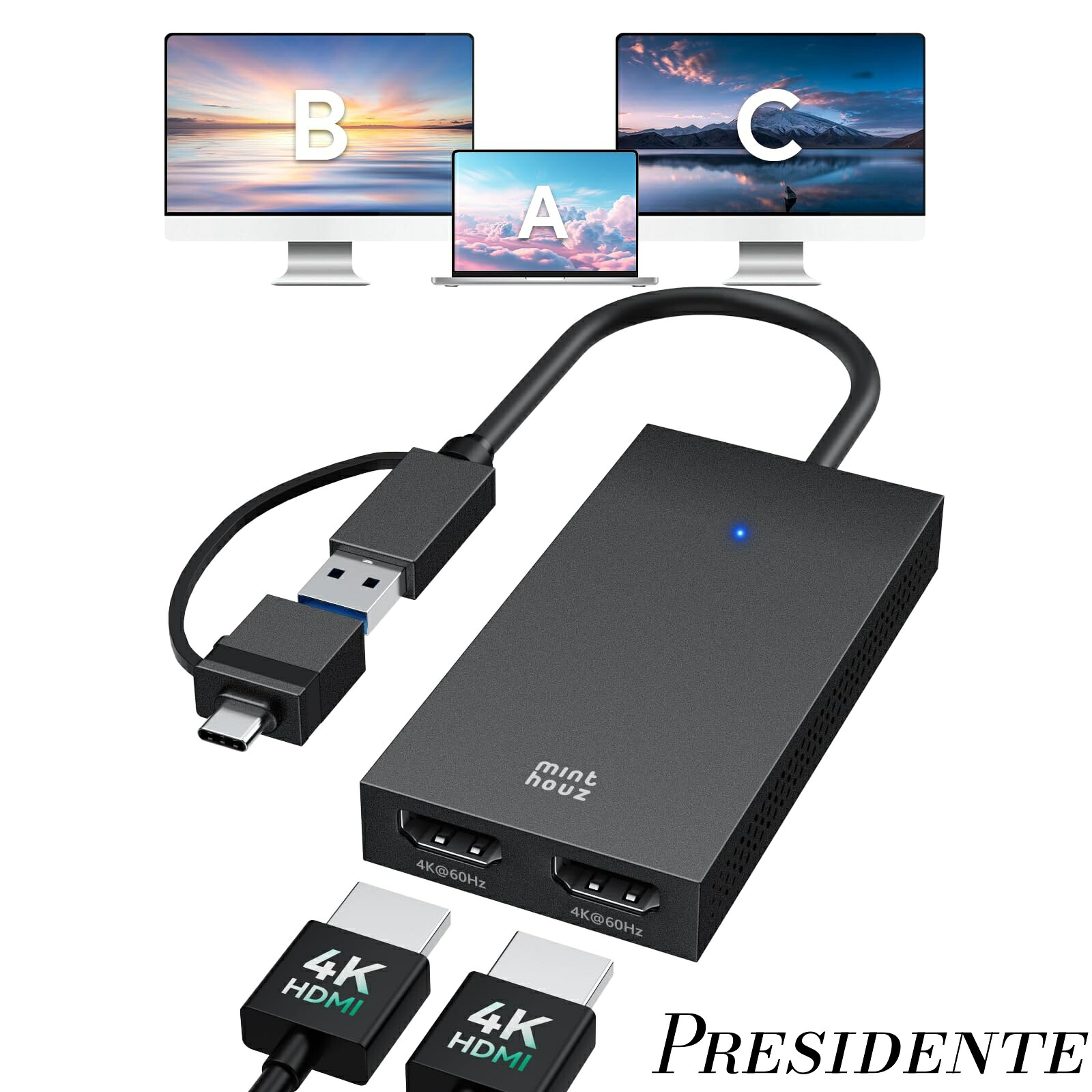 【まとめ買いで最大500円OFFクーポン!】【送料無料】USB C デュアル HDMI アダプター HDMI 分配器 変換アダプタ DisplayLink デュアルディスプレイ 4K@60Hz hdmiスプリッター モニター2台同時接続 Dell HP Surface Lenovo用 WindowsおよびM1/M2/M3/M4 MacBookに対応 ドライバ