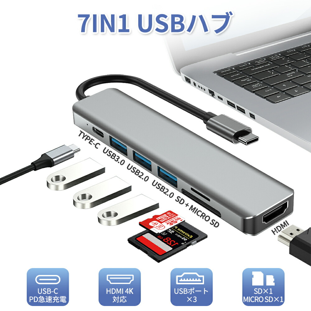 予約販売 microSDカード付き 32GB USB Type-C ハブ 7in1 HDMI 4K USB3.0 SDカードリーダー microSD  最大100W 変換 アダプタ タイプC ノートパソコン ノートPC Chromebook surface iPad mini6 Air5 Pro  Android Mac USB-C