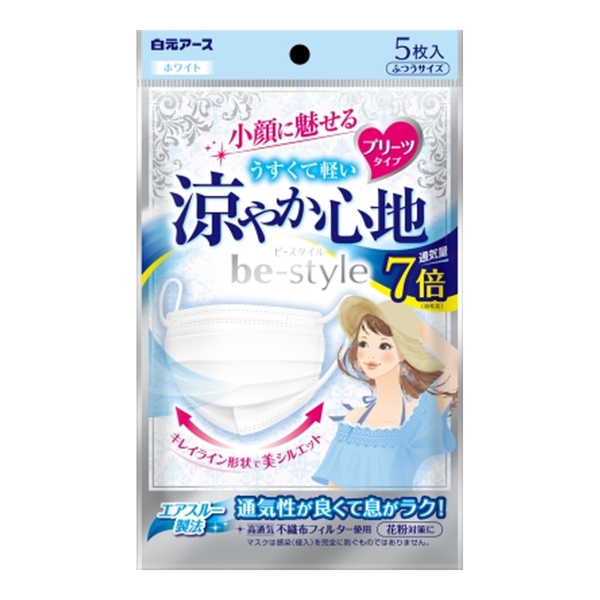 【８０個セット】【１ケース分】 ビースタイル プリーツタイプ 涼やか心地 ふつうサイズ ホワイト(5枚入)×８０個セット　１ケース分【正規品】