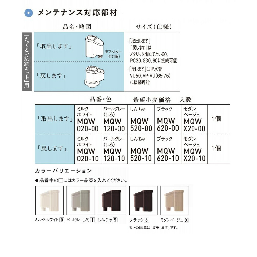 パナソニック 雨水貯蔵タンクたてとい接続キット用部材取出します 【MQW□20-00】