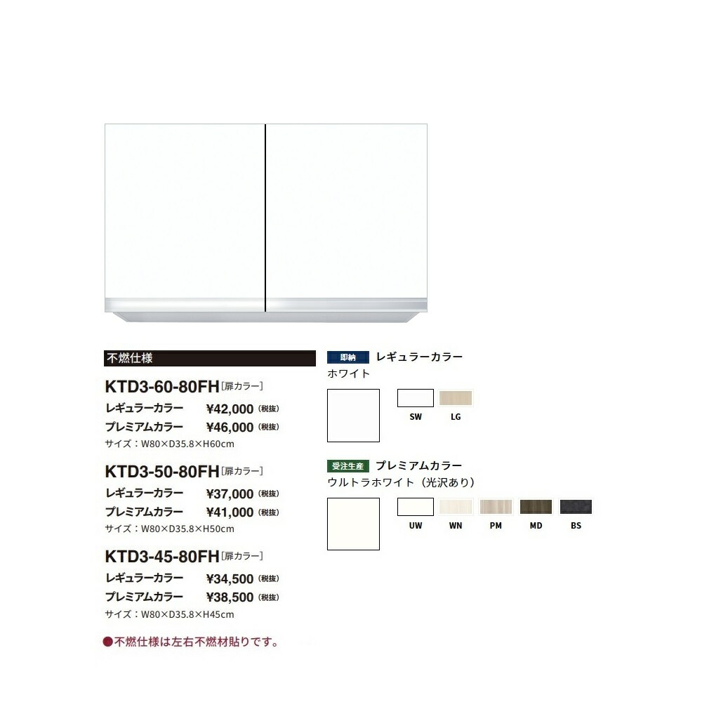 ワンド(onedo) 旧マイセット 吊り戸棚<br>不燃仕様(レギュラーカラー/H45cm)<br>【KTD3-45-80FH[ ]】