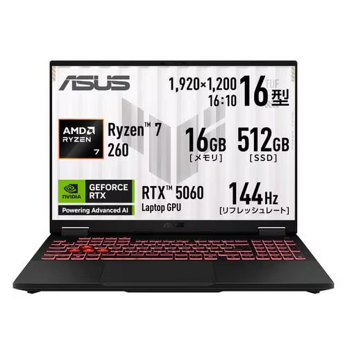 ゲーミングノート TUF Gaming A16 FA608UMI-R7R5060 [16型 /Ryzen 7 260 /RTX5060 /ランダムアクセス記憶装置:16GB /SSD:512GB /Windows 11 Home /イェーガーグレー]