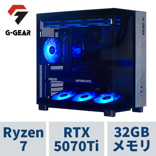 ゲーミングパソコン G-GEARピラー受け答え GV7A-E261B/R/CP1 Ryzen7 9800X3D /RTX5070Ti /32GB記憶装置 /1肺結核 SSD /無線LAN7+BT相応う、水冷遣りかた