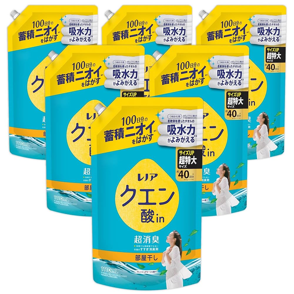 レノア クエン酸 超消臭 お召しもののすすぎ消臭剤 お部屋干し 生新しい緑であることの芳ばしさ 詰め替え 1110mL×6袋
