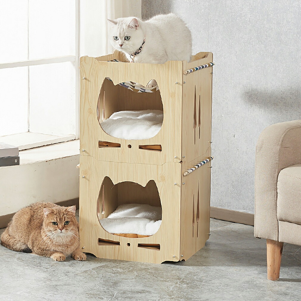 猫臥榻 木製  ねこ臥榻  二層 精神的な統合式 2段キャットハウス 猫用臥榻 木製臥榻 猫調度品 猫調度品 犬用臥榻 愛玩動物用 自然的 お取りつくろう飾り気のない お休み 寝具 多頭飼い