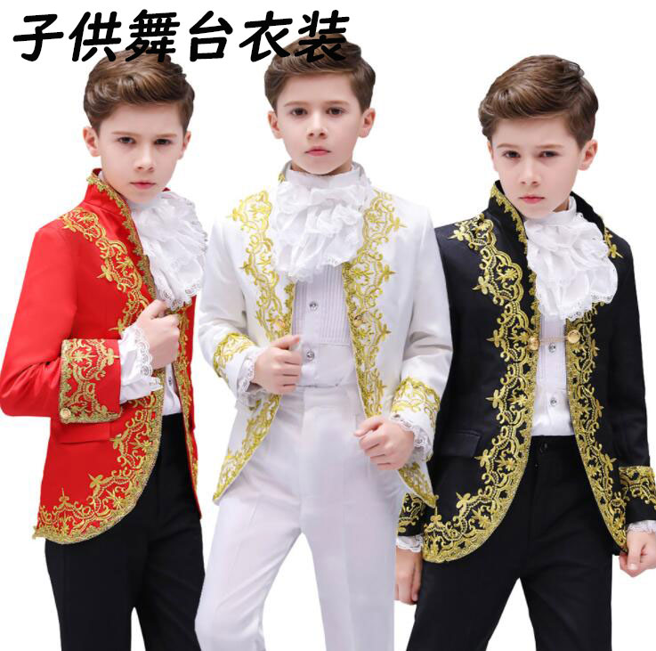 子供スーツセットアップ4点セット 男の子舞台ステージ衣装 貴族衣装 王子様コスチューム ミュージカル衣装 欧米王子様コスプレ舞台スーツ 花柄刺繍 ヨーロッパ風 欧風 舞台衣装