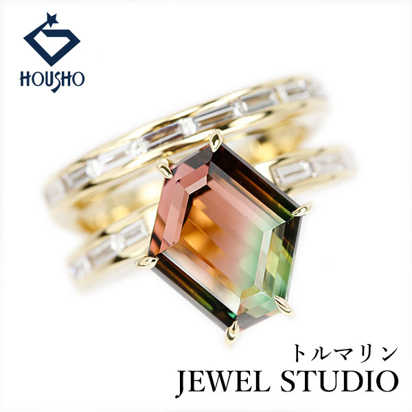 【移転OPEN記念1ヶ月連続セール第3弾 最大2万円クーポンなど】ジュエルスタジオ バイカラートルマリン リング ダイヤモンド K18イエローゴールド JEWEL STUDIO 二連風 ダブル 太め 幅広 【中古】【906906】|宝正-ホウショウ-店