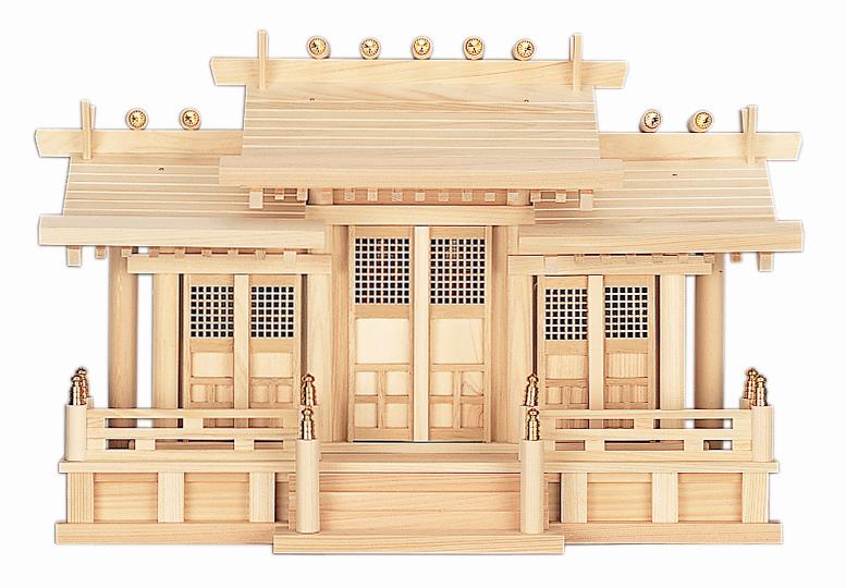 神棚 大屋根食い違い透かし彫り付き添い人三社丸柱付 御簾付 国産 日本製