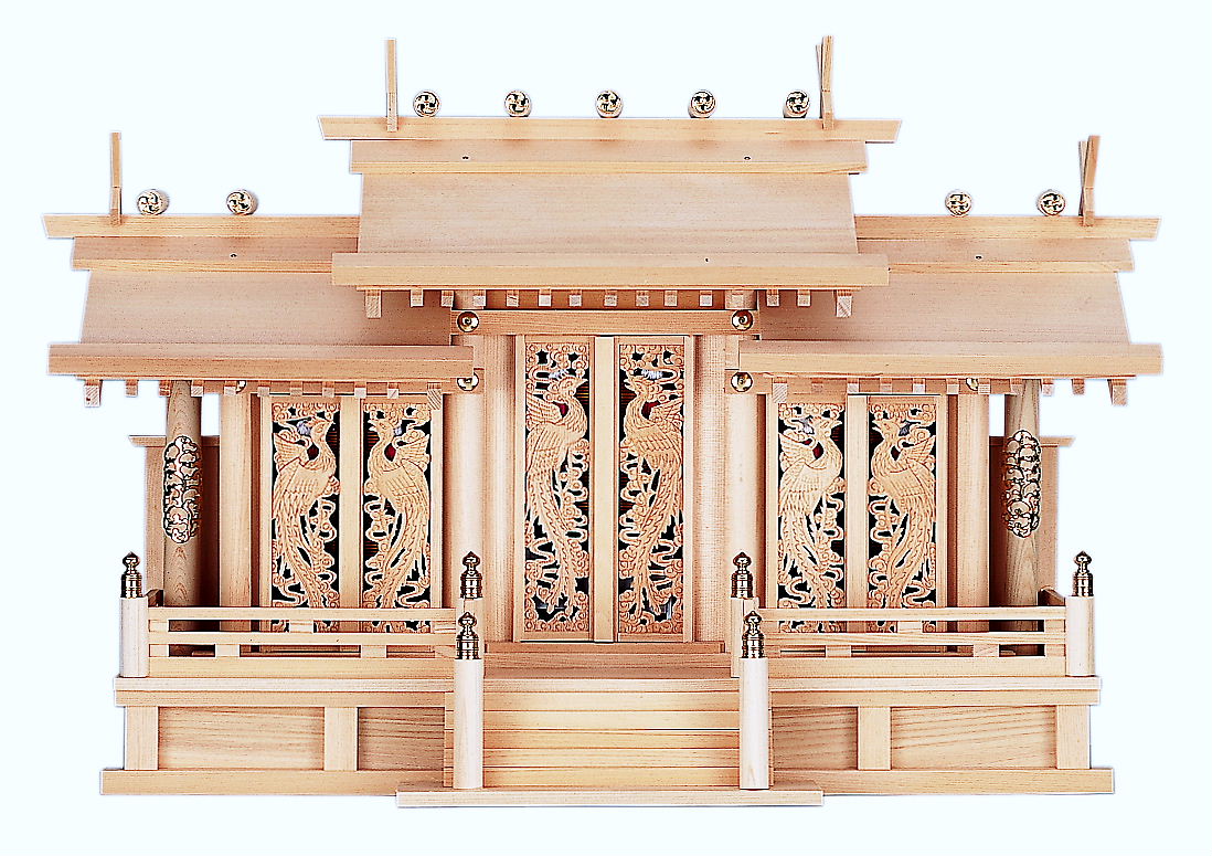神棚 大屋根くい違い 鳳翔刻みつける入り口・入口 三社 神棚 御簾付 御前上等神棚 ひのき 桧 国産神棚