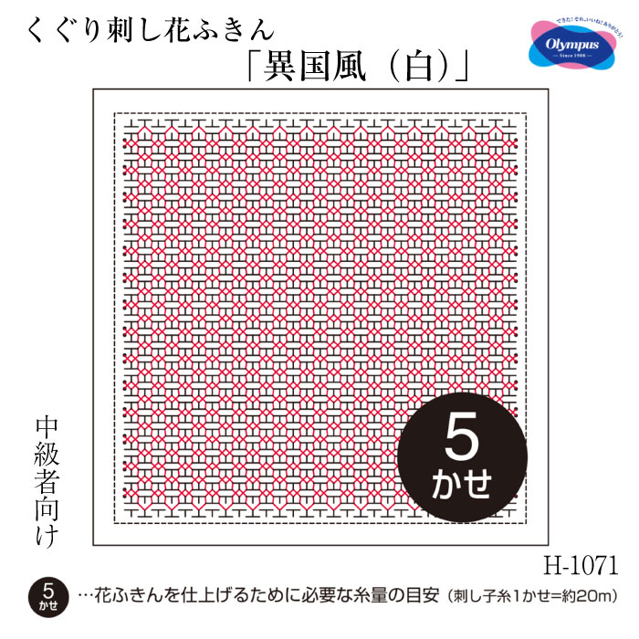 中級者向 くぐり刺し花ふきん3枚布パック「異国風(白)」 刺し子布巾 H-1071 (メール便可) ハンドメイド 手づくり