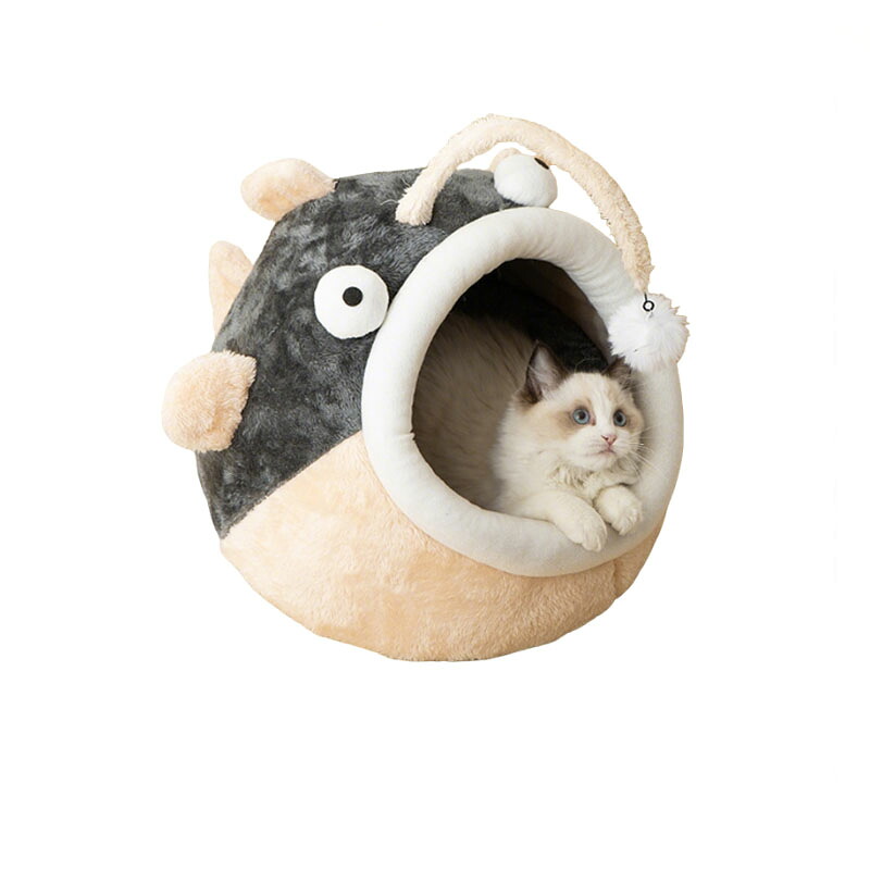 可愛いフグ型ペットハウス ふわふわ素材 半閉鎖型 猫・小型犬用 四季対応 おもちゃボール付き 暖かい安眠ベッド