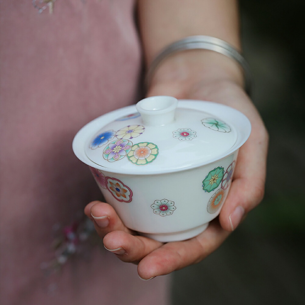 美しい手毬 花柄 蓋碗 三才碗 宝瓶 煎茶器 120ml 急須 白 中国茶 ウーロン茶 お茶用品 ティーウェア 蓋碗壺承セット 台湾茶器 中国茶器 来客用 贈り物にも 食洗機対応 電子レンジ対応【 送料無料】｜Shuozhou