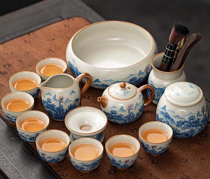 汝窯工夫茶器セット家庭用ティーポットカップでお茶を飲むのは贅沢なスタイルだ|Shuozhou