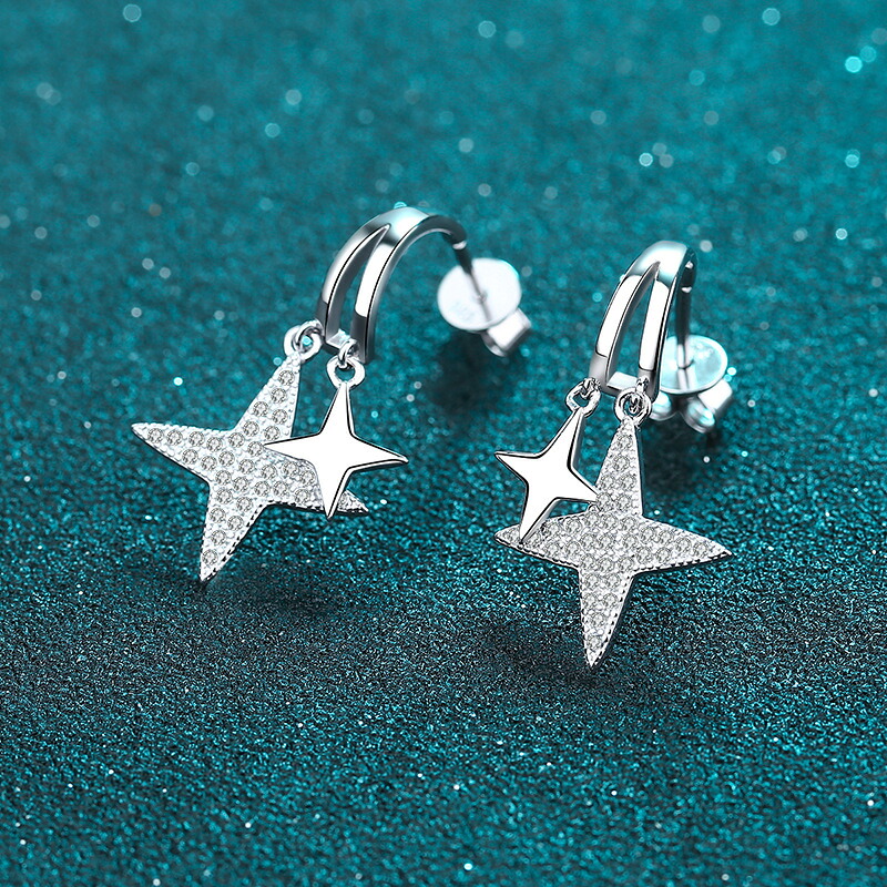 個性派イヤーアクセサリー 星柄パヴェ モアサナイトピアス｜Shuozhou