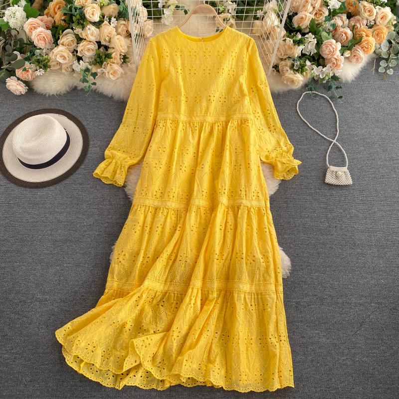 長袖OネックソリッドAラインドレスハイウエストミディドレスレディースカジュアルドレス服