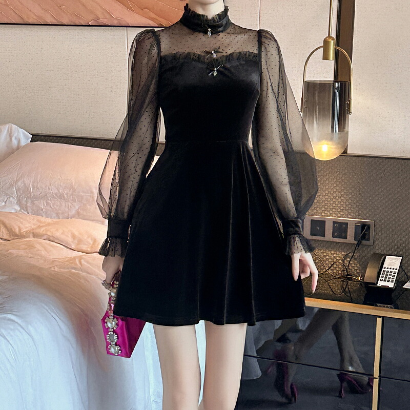 長袖お召しものお上さんハイウエストラインレースベルベットドレスお上さんユニークファッションパーティーエレガントなお召しもの