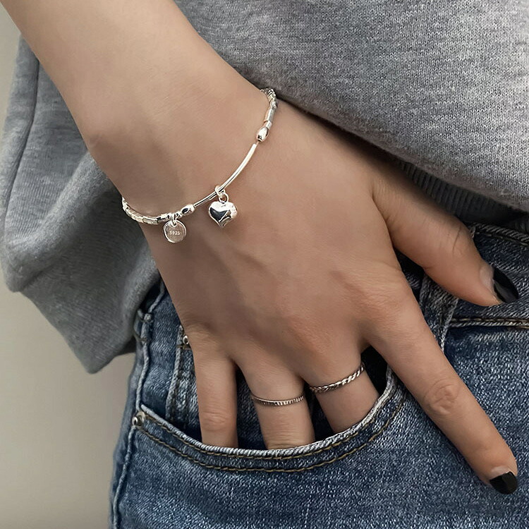 S925純銀四角砕きしろがね色丸プレートハートブレスレットレディースプレゼントinsしろがね色佩び物
