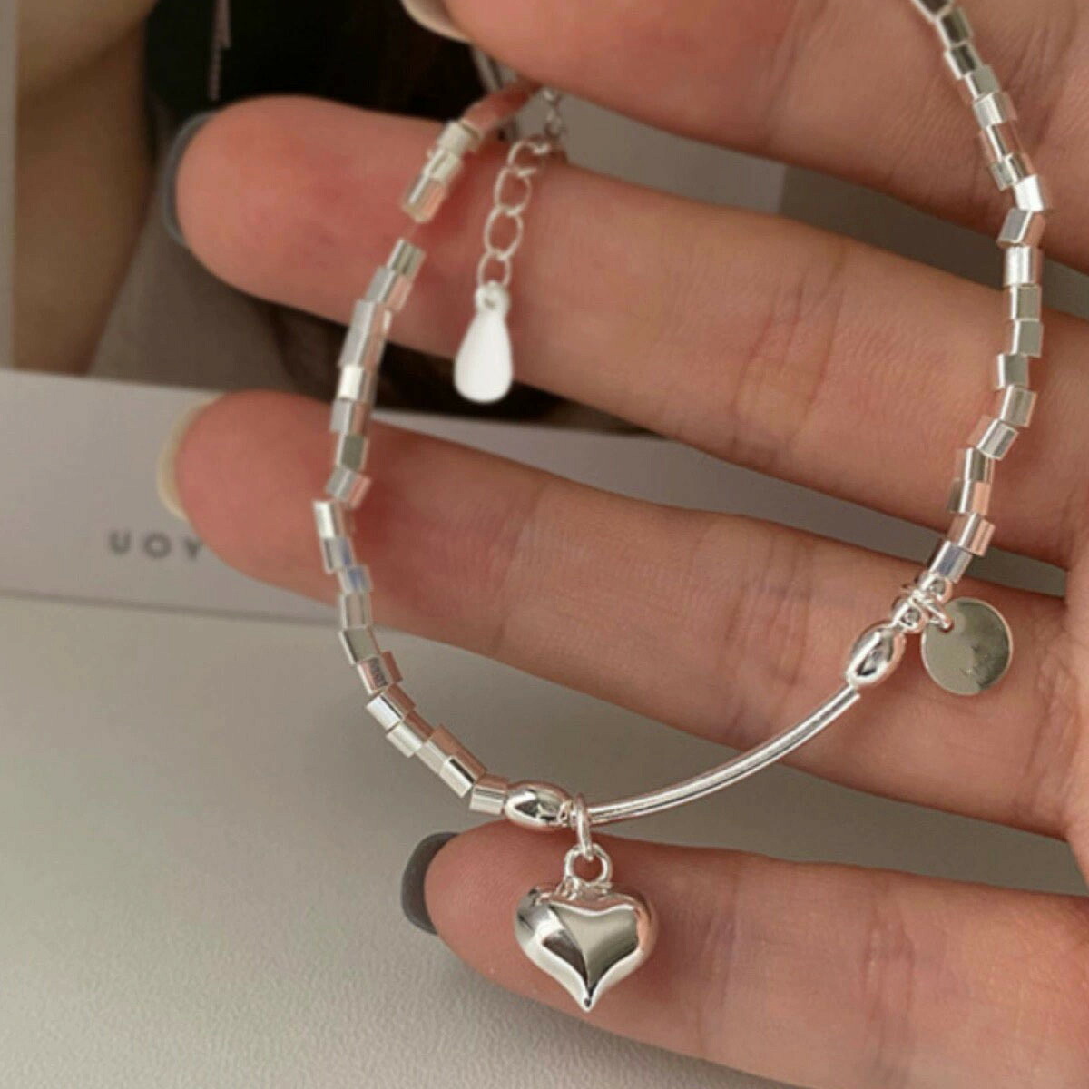 S990純銀ハート型いの一番砕きしろがね色腕輪お上さん用滅多に無い青写真ins一般受け佩び物