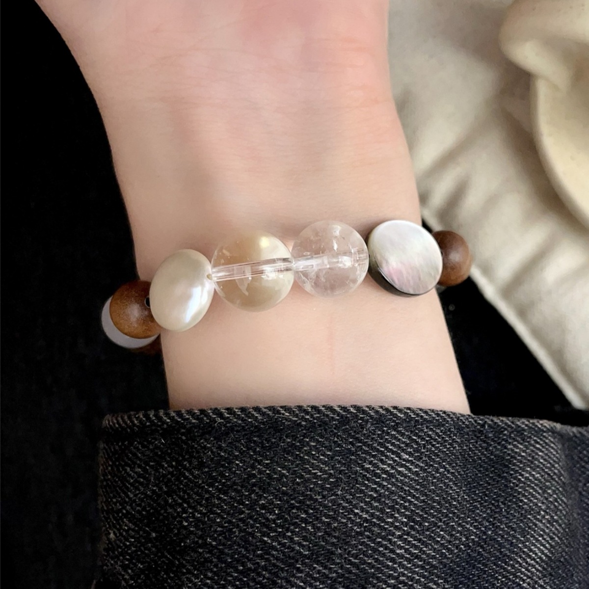 S925銀アクセサリー天然バロックしわオブシディアンクリスタル檀木メノウブレスレット｜Shuozhou