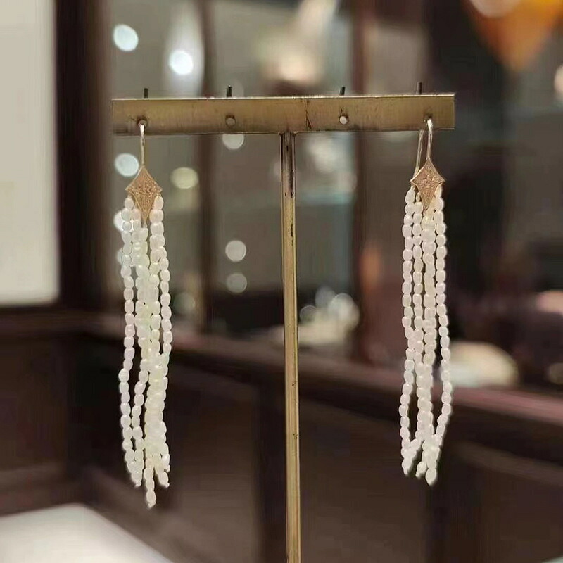 S925純銀メッキ 静かな森モチーフ レリーフ星 パールタッセル イヤーフックイヤーアクセサリー｜Shuozhou