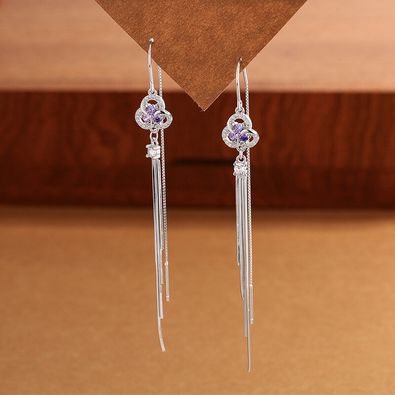 S925純銀イヤーライン韓国風上品三つ葉の花タッセル調イヤリングパープルロングタッセルニッチアクセサリー｜Shuozhou