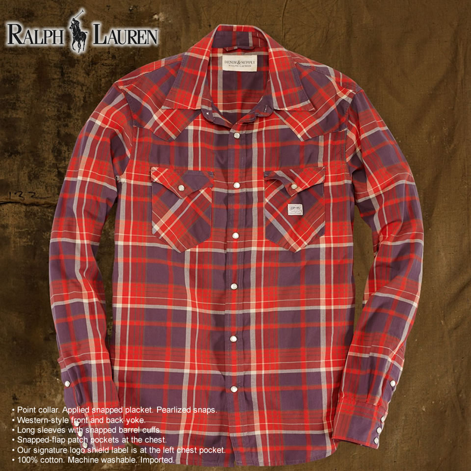Polo Ralph Lauren men long sleeves western shirt Maynard Western Shirt red / gray (POLO RALPH LAUREN)(33730466)(S/M/L/XL), American casual, western shirt, ...