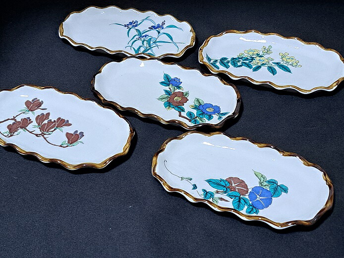 【九谷焼】　7号皿揃（皿、小皿、 取皿、 銘々皿）草花絵変り｜秀山堂