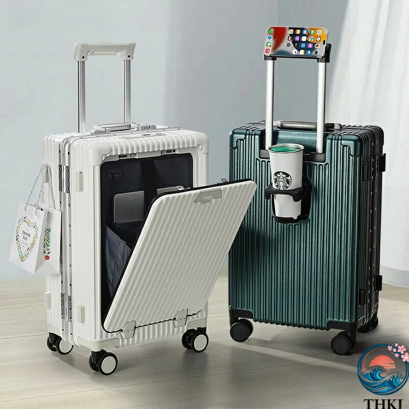 【全品2点で5%OFF】スーツケース フロントオープン 機内持ち込み SS 30L 横型 出張用 USB Type-C 充電口キャリーケース アルミフレーム フロントポケット TSAロック付 携帯スタンド 側面フック カップボルダー 多機能スーツケース Mサイズ 24inch 前開き ダブルキャスター