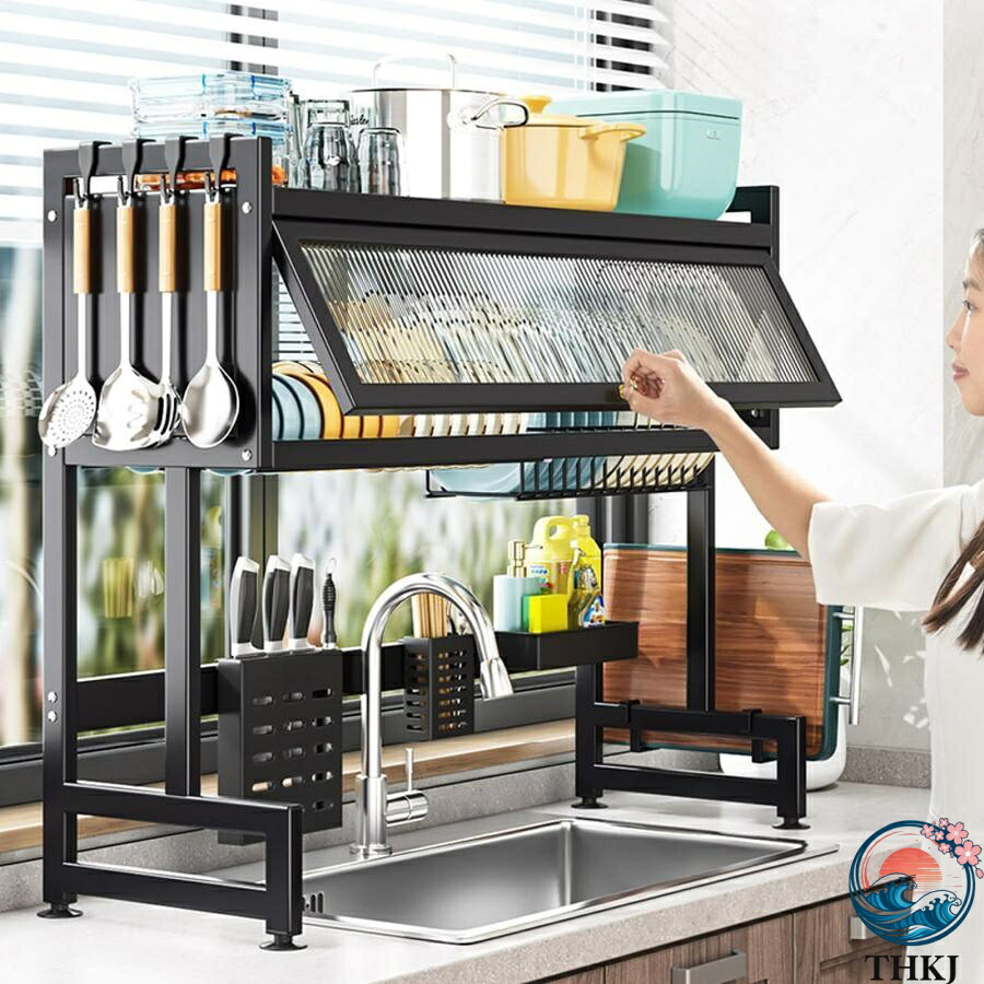 【全品2点で5%OFF】シンク上 食器 水切りラック 水切りかご 台所用品ホルダ キッチン収納棚 防塵キャビネット扉付き大容量 ディッシュラック 食器乾燥 省ス