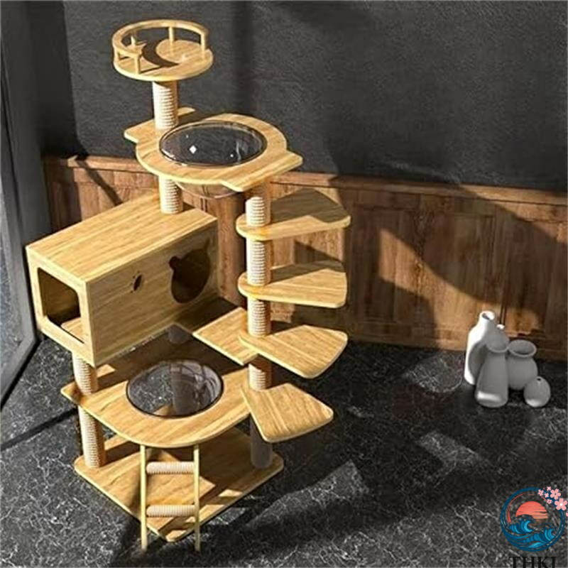 【全品2点で5%OFF】透明宇宙船 キャットタワー  頑丈 据え置き木製 高さ135cm 麻紐 爪とぎボール 据え置き型 爪とぎ 猫タワー 爪研ぎ  猫ベッド 大型 木目調 多頭飼い