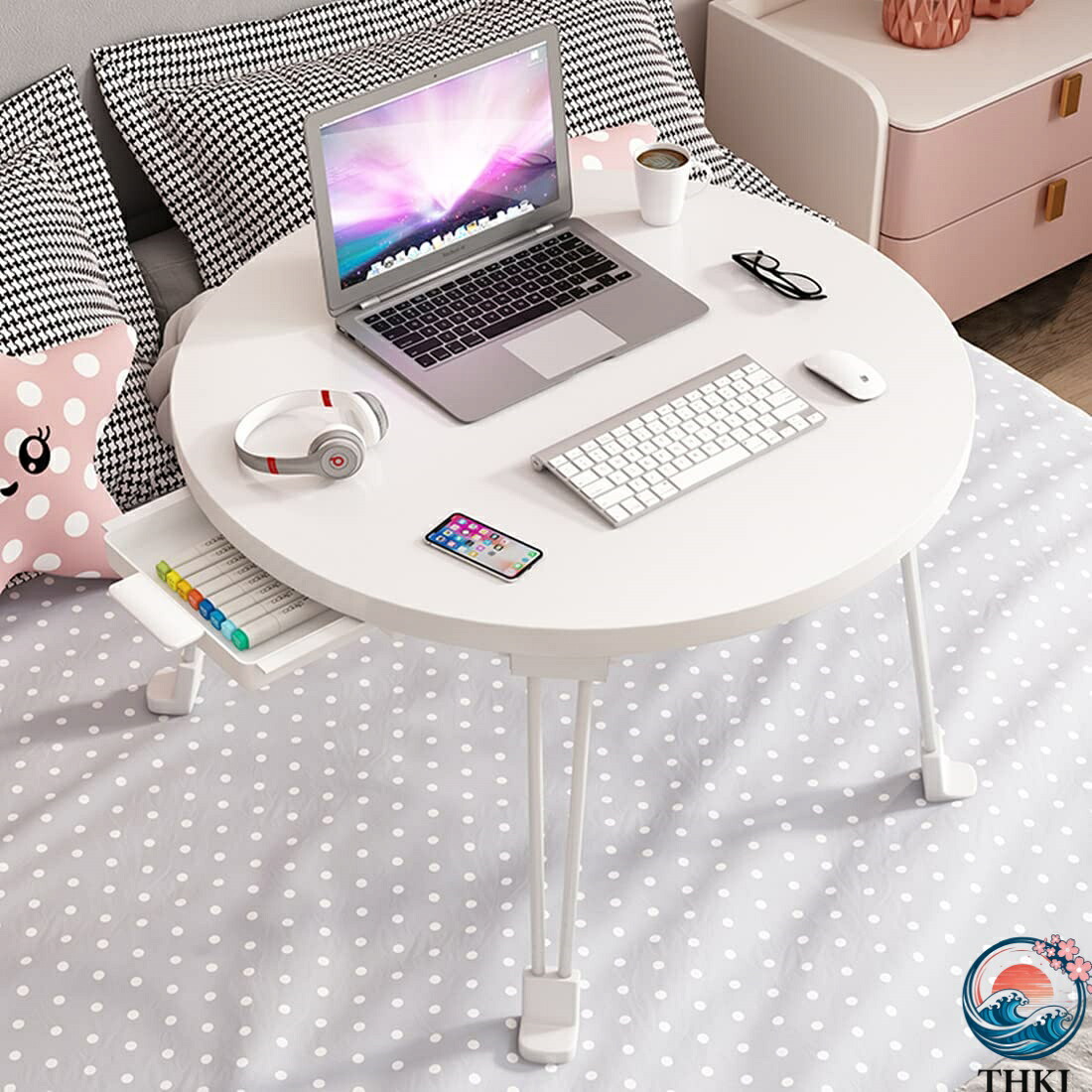 【全品2点で5%OFF】丸テーブル 折りたたみ ローテーブル 非常に安定 おりたたみテーブル 折り畳みテーブル 折りたたみミニテーブル ローテーブル 折りたたみ テーブル 一人暮らし 多機能 ラップトップテーブル PCデスク 幅60×奥行60 (高さ36cm + ミニ引き出し ホワイト)
