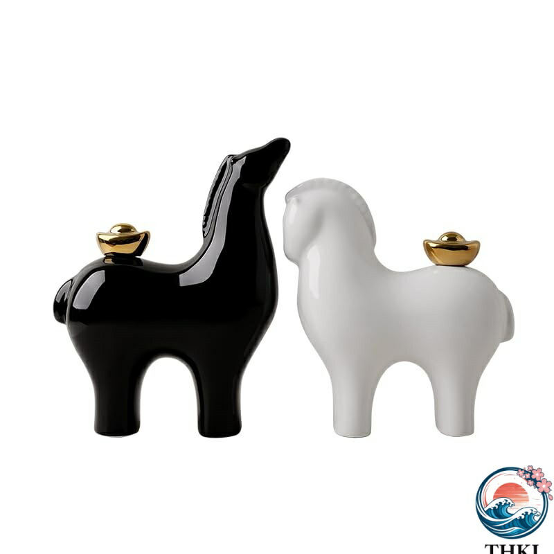 【全品2点で5%OFF】【2個セット 】セラミック製 馬の置物 ブラック&ホワイト ゴールドアクセント付き インテリア装飾品