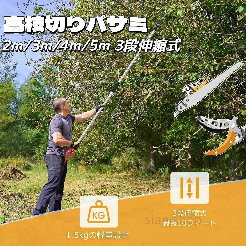 高枝切りノコギリ 高枝切りバサミ 5m 伸縮 SK5高級炭素刃 2m 軽量 園芸用具 はさみ ガーデニング用品 高枝切り鋏 鋸付き 4m 3段伸縮式 果樹園、公園、農場、 果物取り たかえだきりはさみ｜Siani
