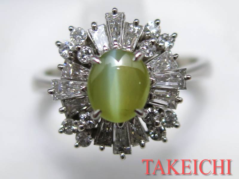 Pt900★リング クリソベリルキャッツアイ1.12ct◇ダイヤモンド1.01ct●15号◆ソーティング付き【中古・新品仕上げ済み】/28491 Pt900★リング クリソベリルキャッツアイ1.12ct◇ダイヤモンド1.01ct●15号◆ソーティング付き【中古・新品仕上げ済み】/28491