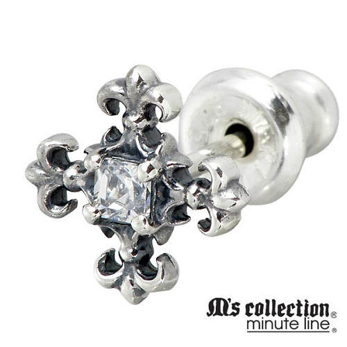 エムズコレクション M's collection キュービック & クロス スタッド シルバー ピアス アクセサリー 1個売り 片耳用 十字架 ユリ CZ シルバー925 スターリングシルバー M0375