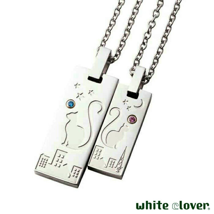 【ポイント2倍！マラソン終了まで】 ホワイトクローバー white clover 猫 ペア ネックレス 誕生月カラーキュービック アレルギーフリー サージカルステンレス316L シルバー＆シルバー 4SUP209-210SV-P｜Sies Rosso シーズ ロッソ