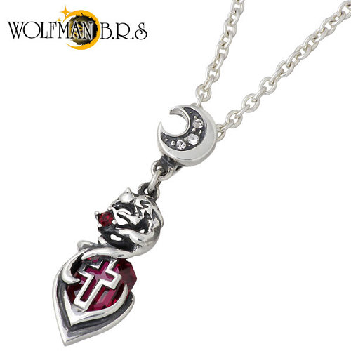 【ポイント2倍！マラソン期間中】 ウルフマンB.R.S WOLFMAN B.R.S ムーンライト ケルティック シルバー ネックレス アクセサリー チェーン付き シンセティックルビー クロス 三日月 シルバー925 スターリングシルバー P-NW-46RED-CL60