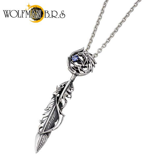【ポイント2倍!マラソン終了まで】 ウルフマンB.R.S WOLFMAN B.R.S ムーン ウルフ シルバー ネックレス アクセサリー フェザー 合成サファイア メンズ 狼 羽 シルバー925 スターリングシルバー WO-P-199CL60|Sies Rosso シーズ ロッソ